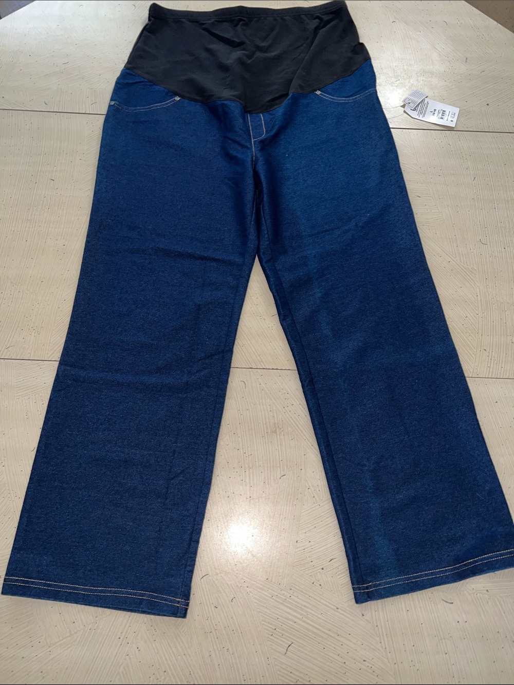Time and Tru Blue Denim-Look Maternity Leggings with Black Waistband